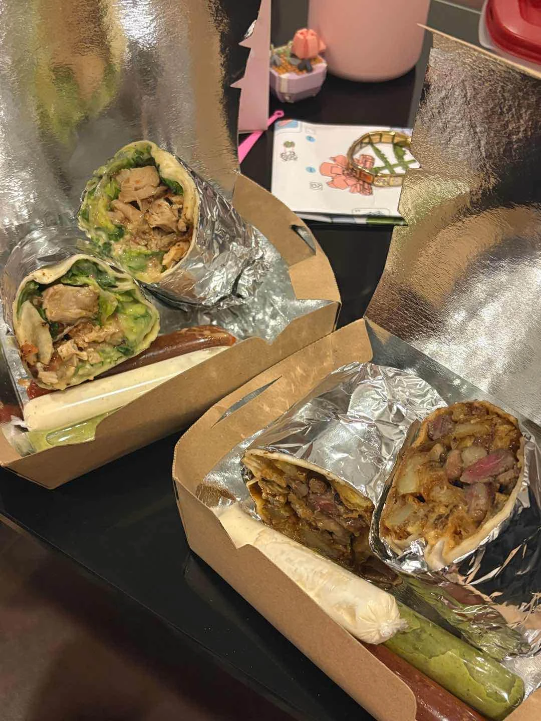 chicken caesar salad wrap and steak and fries wrap