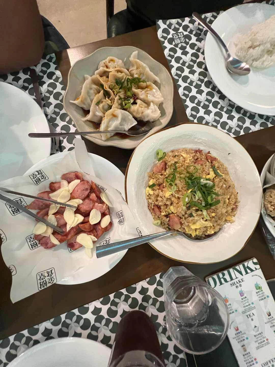 taiwanese saudage, golden tree fried rice, dumpling with red sauce