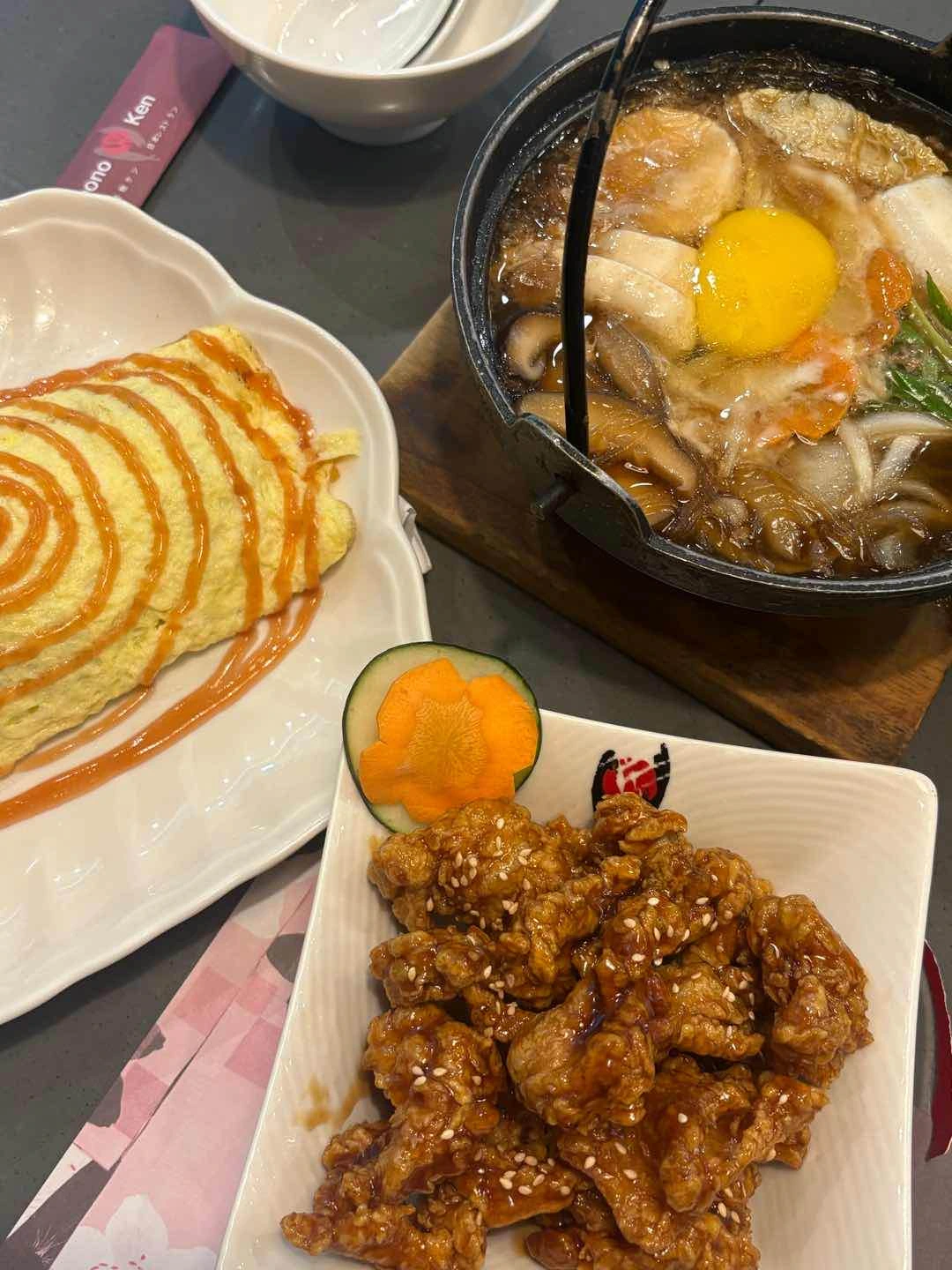 curry omu rice, crispy chicken teryaki, sukiyaki