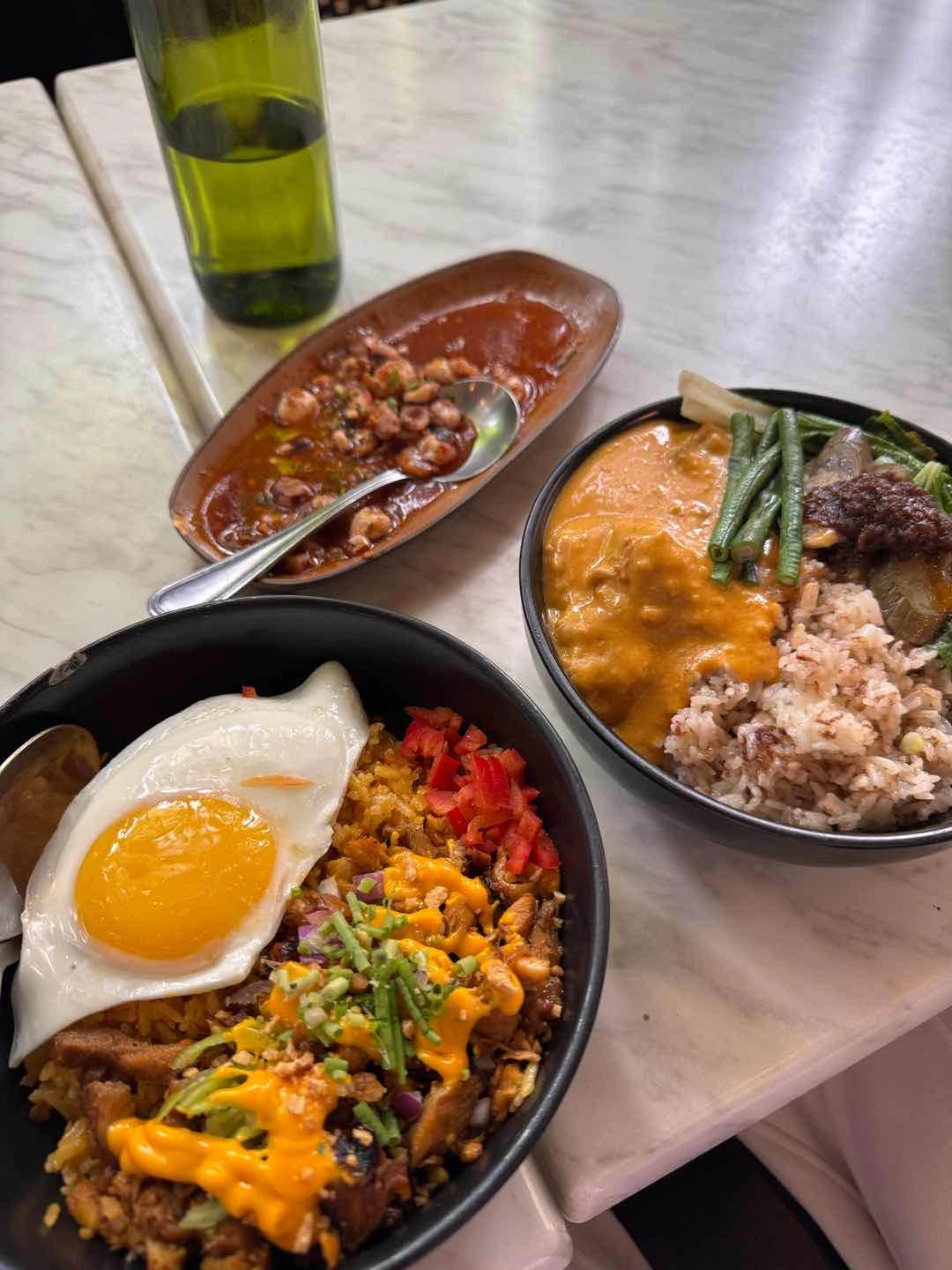 chili baby squid, chicken inasal sisig rice bowl, kare kare rice bowl of LOLA Cafe - Tomas Morato