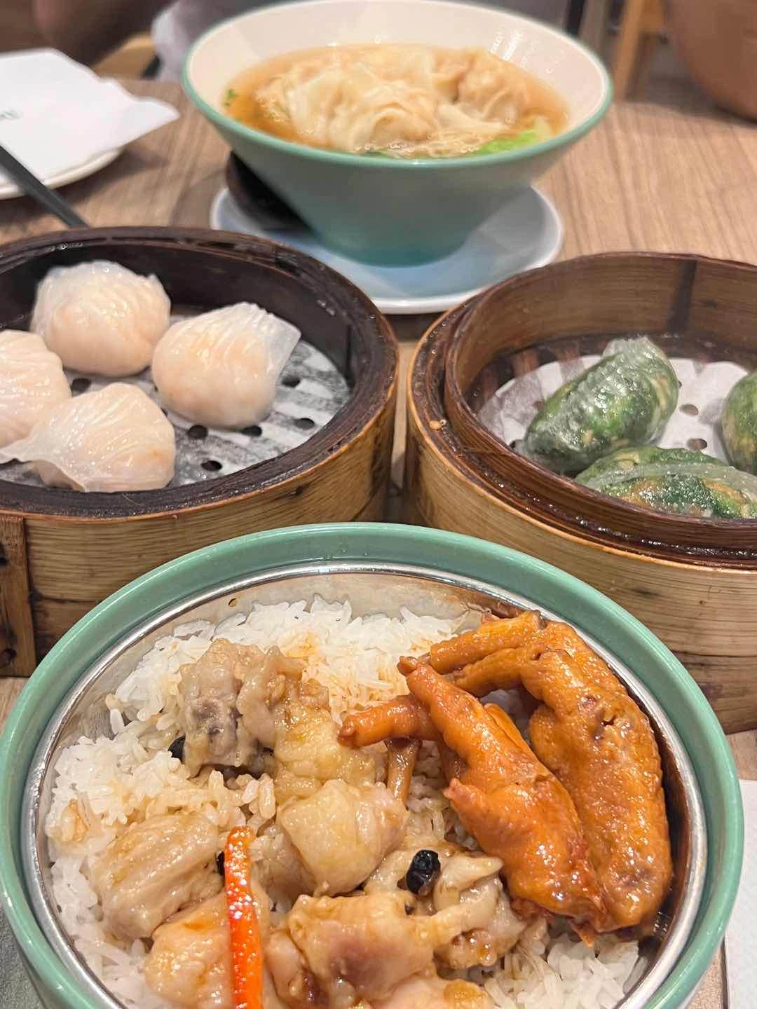 Hakaw, kuchay, wanton noodle soup, and chicken feet and pork rice
