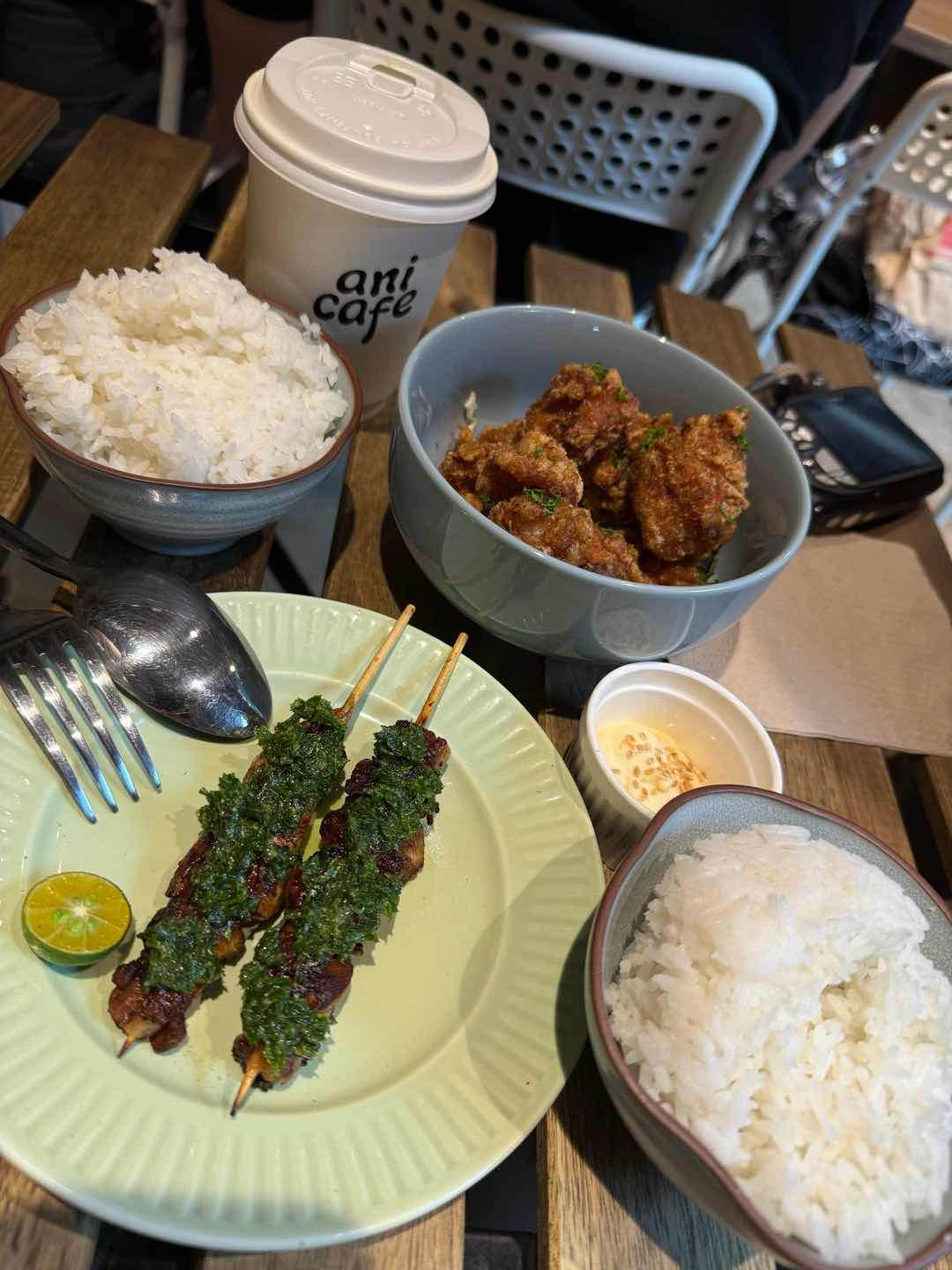 Chicken Poppers, Chicken Anihaw, 2 Cups White rice, Iced Matcha Latte with Soy Milk
