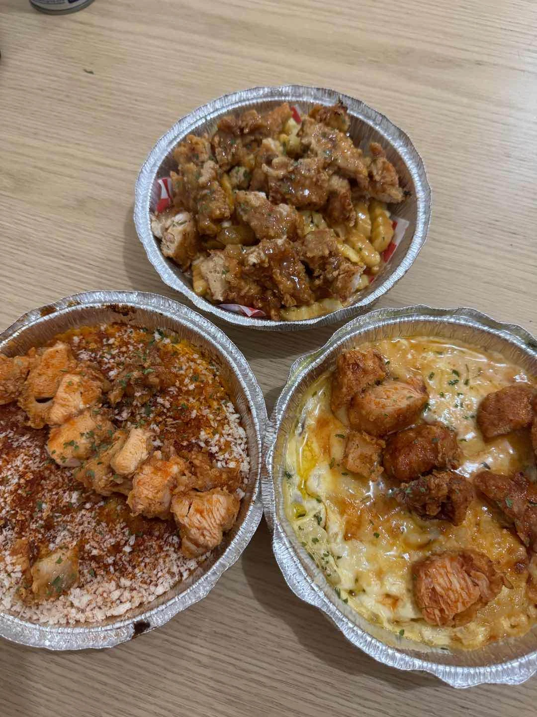 Truffle Baked Mac with Hot Honey, Hottie Baked Mac, and Fries & Chix