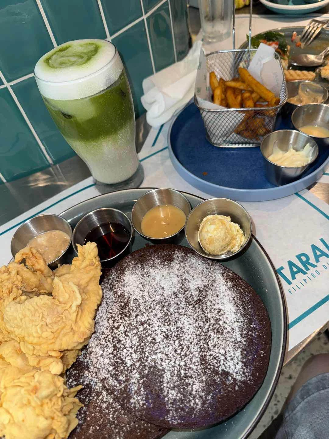 chicken and purple pancake, matcha oat latte, fries and dip