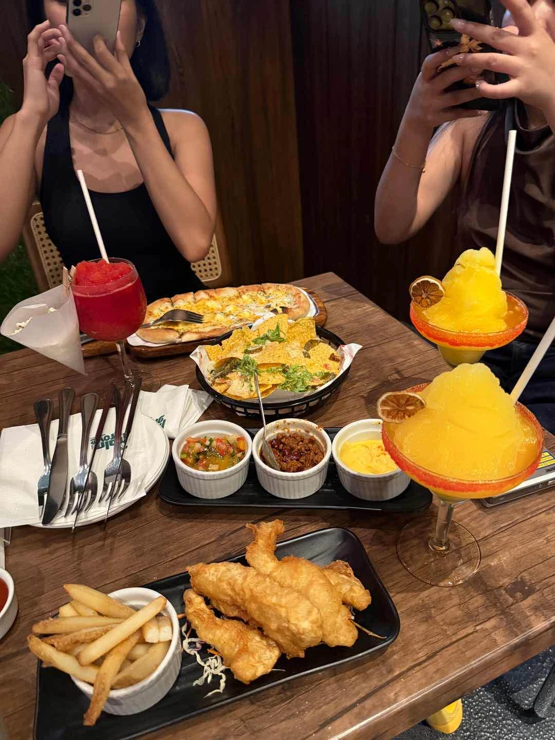 Nachos, pizza, fish and chips