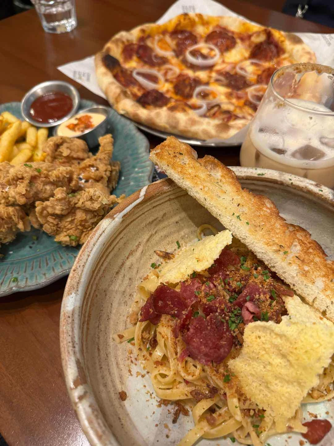 cacio e pepe, chicken and fries, chorizo pizza