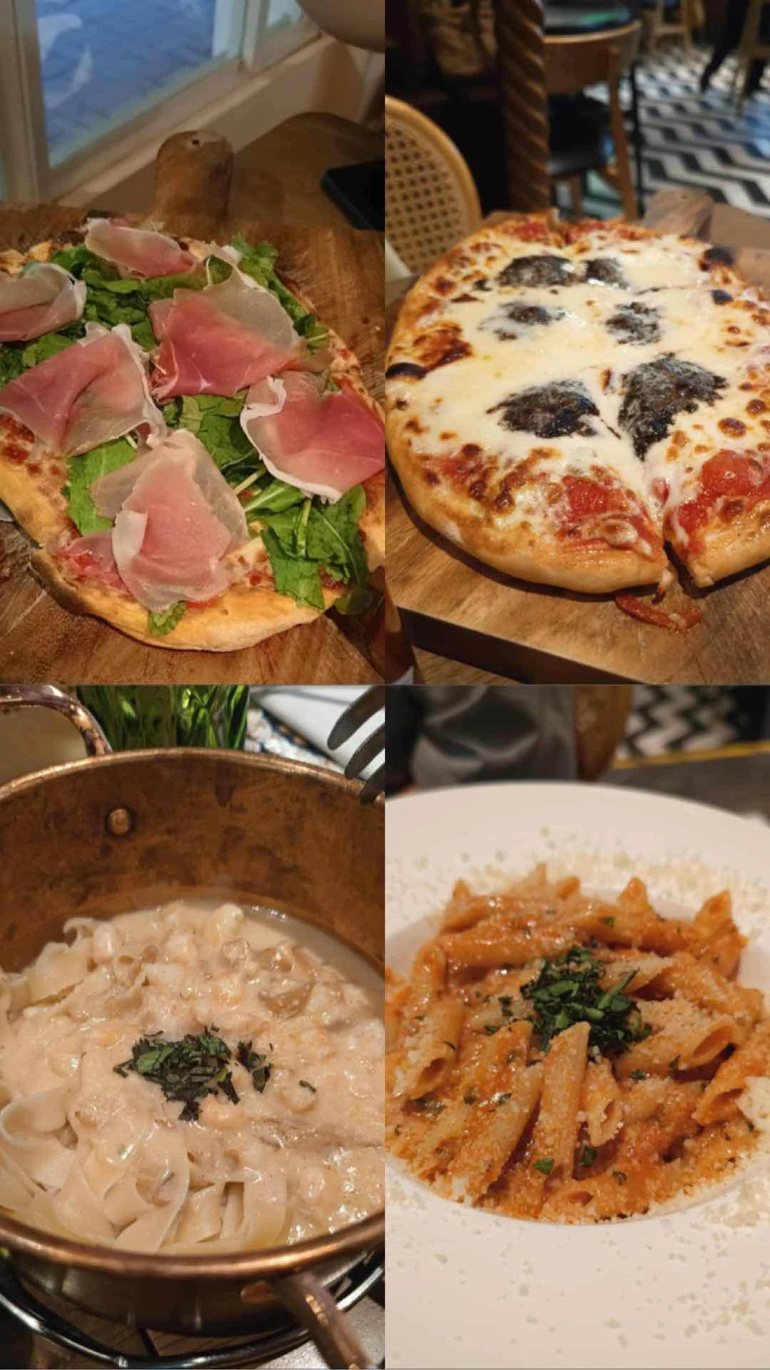 Pinsa Parma and Arugula, Pinsa Truffle, Fettucine Shrimp Stroganoff, Penne Arrabbiata