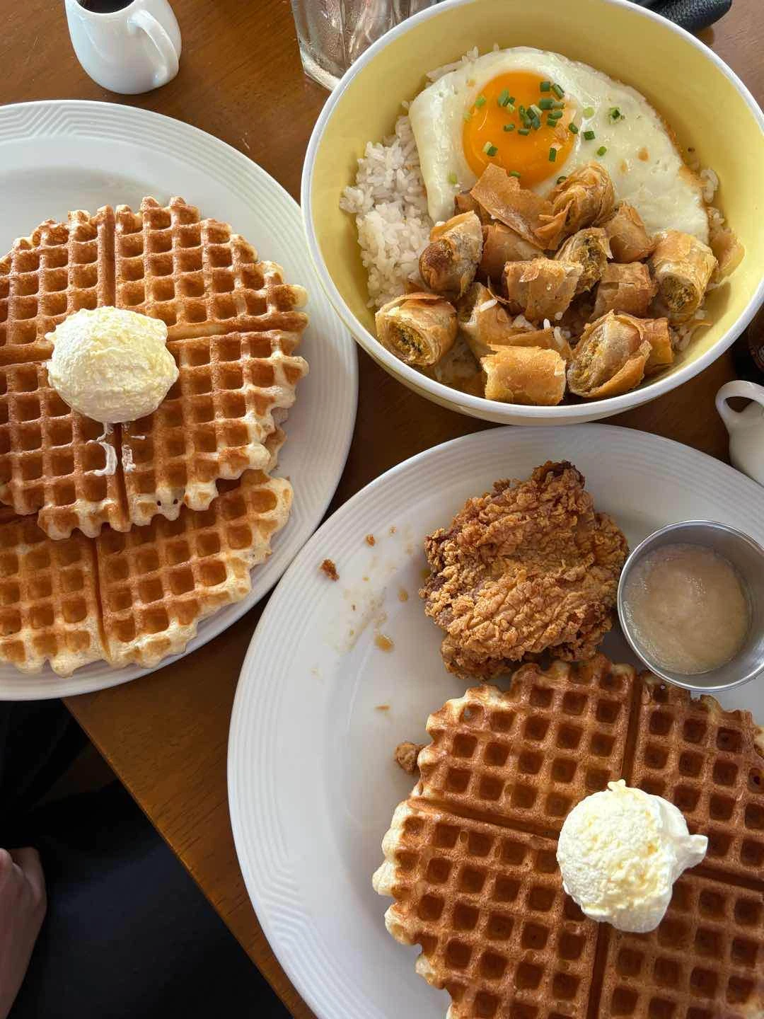 buttermilk chicken + waffles, fish rolls