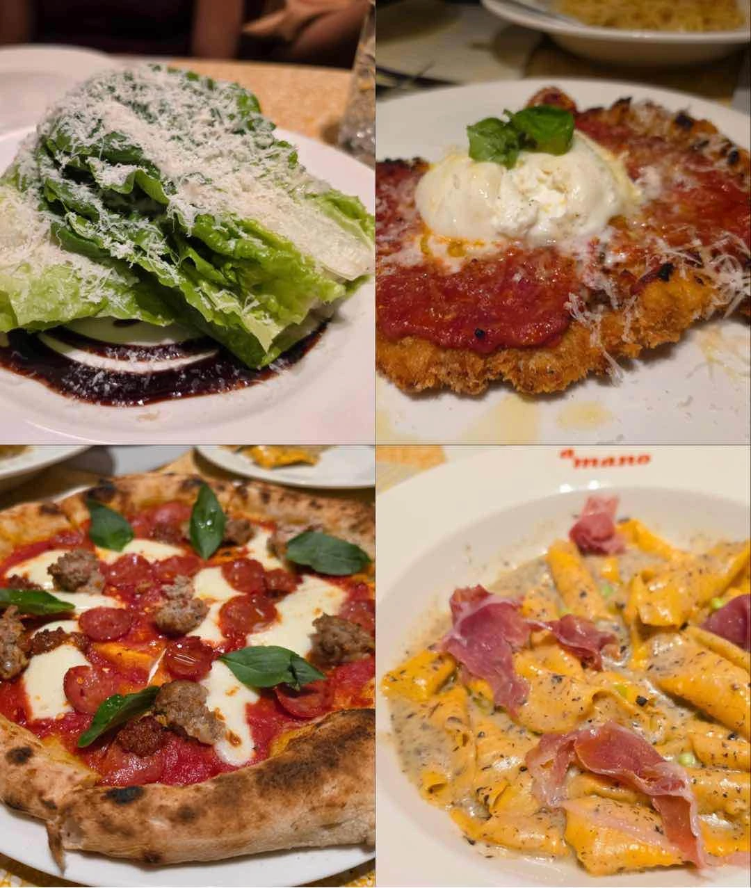 Insalata cacio e pepe, Burrata chicken parm, Diavola, Garganelli Bianco