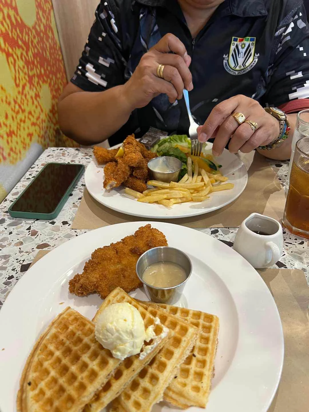 waffle , fish chips