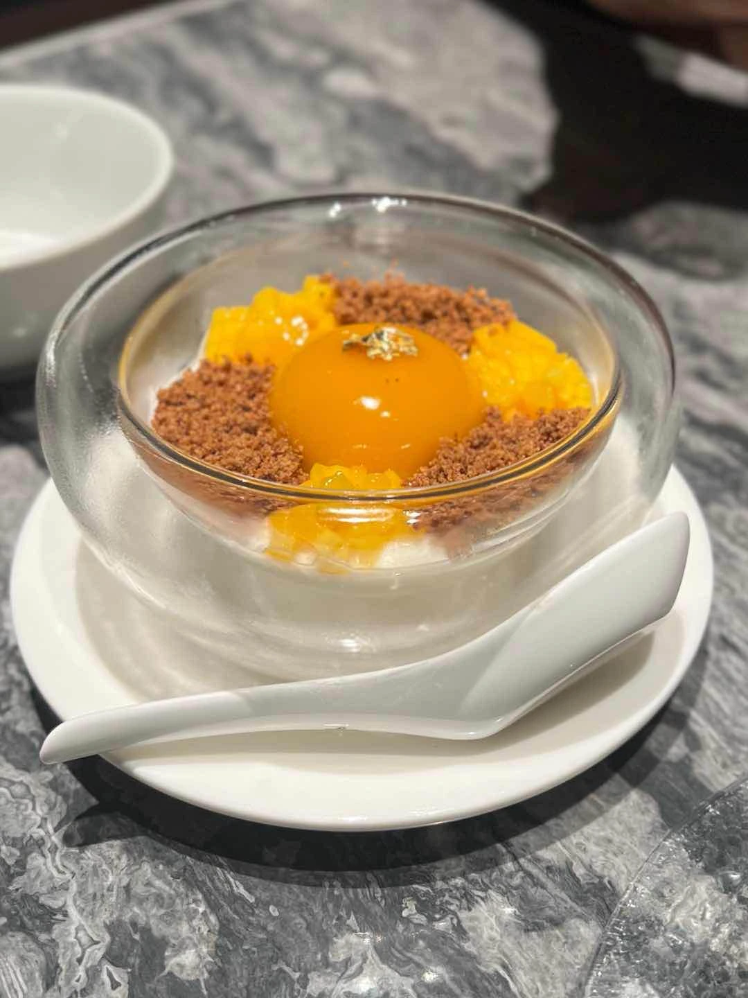 Chilled Coconut Creme, Mango Yolk and Latik