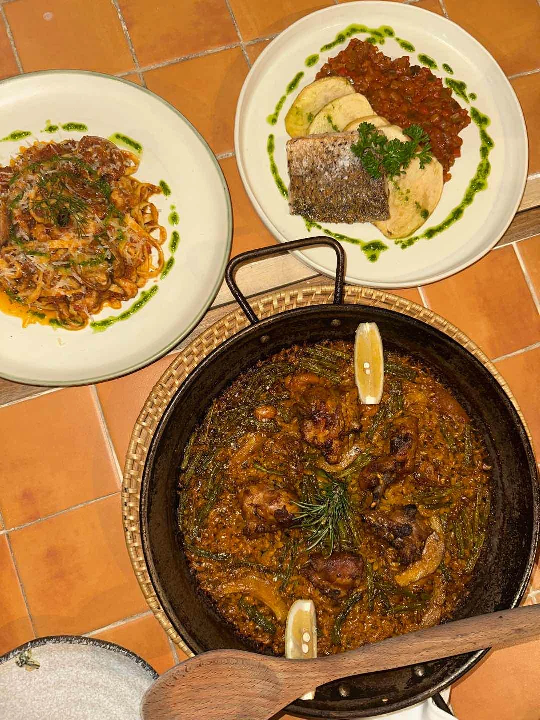 Prawn and tomato Pasta, Black Seabass, Paella Valenciana