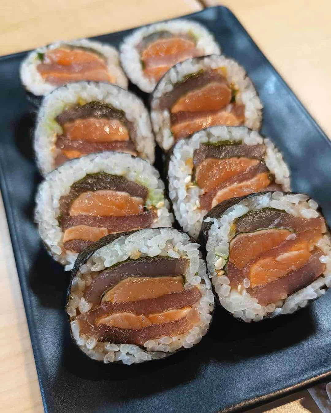 Mille Feuille of salmon aburi, shoyu tuna