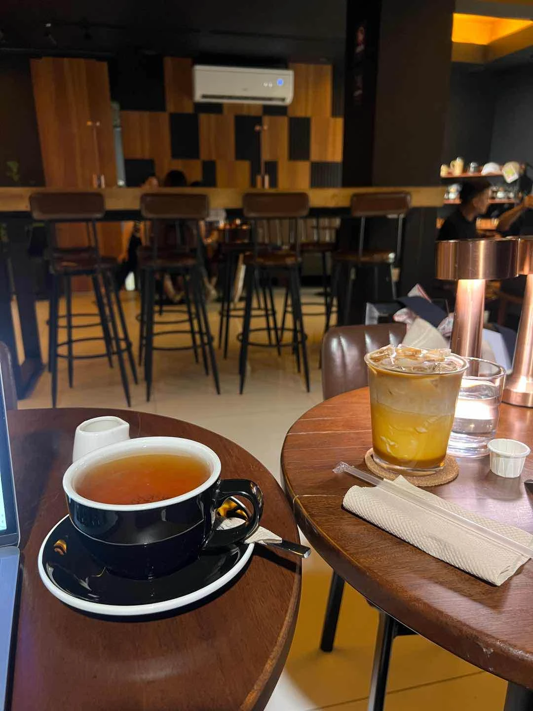 chocolate caramel brownie brewed tea, iced caramel latte