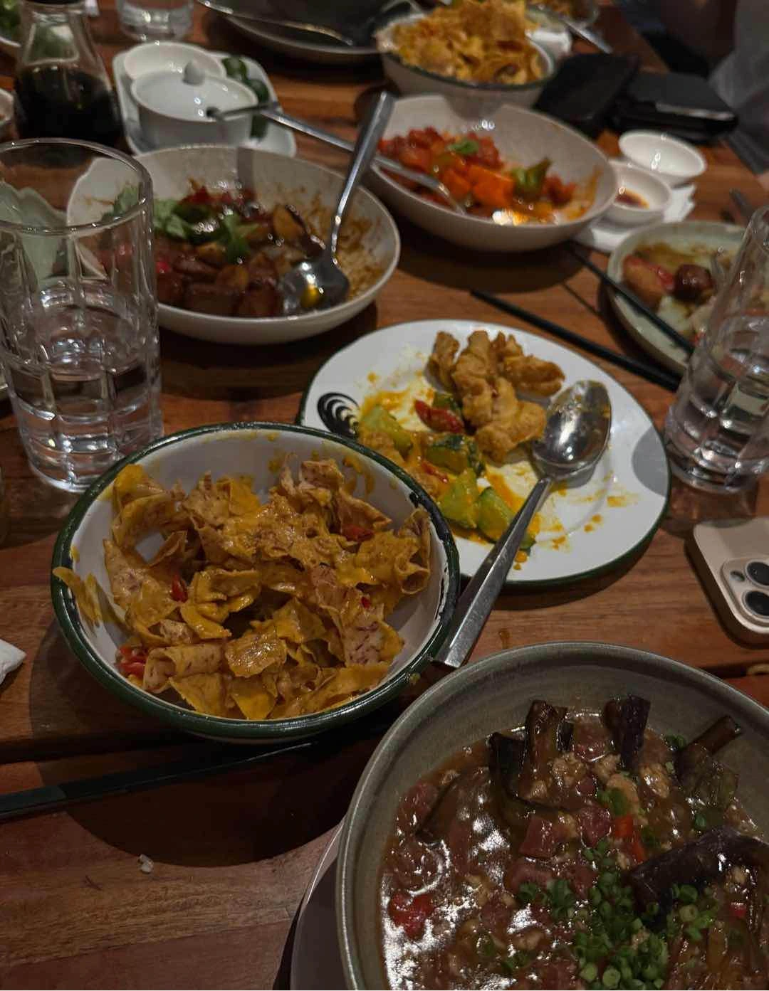 salted egg chicken, salted egg taro chips, sweet and sour pork, eggplant sausage and pork