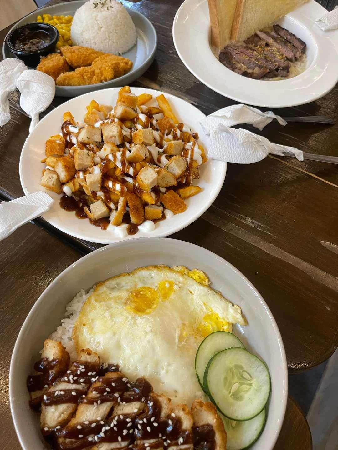 chicken teriyaki, chicken tender, steak truffle mushroom pasta, & hickory fries
