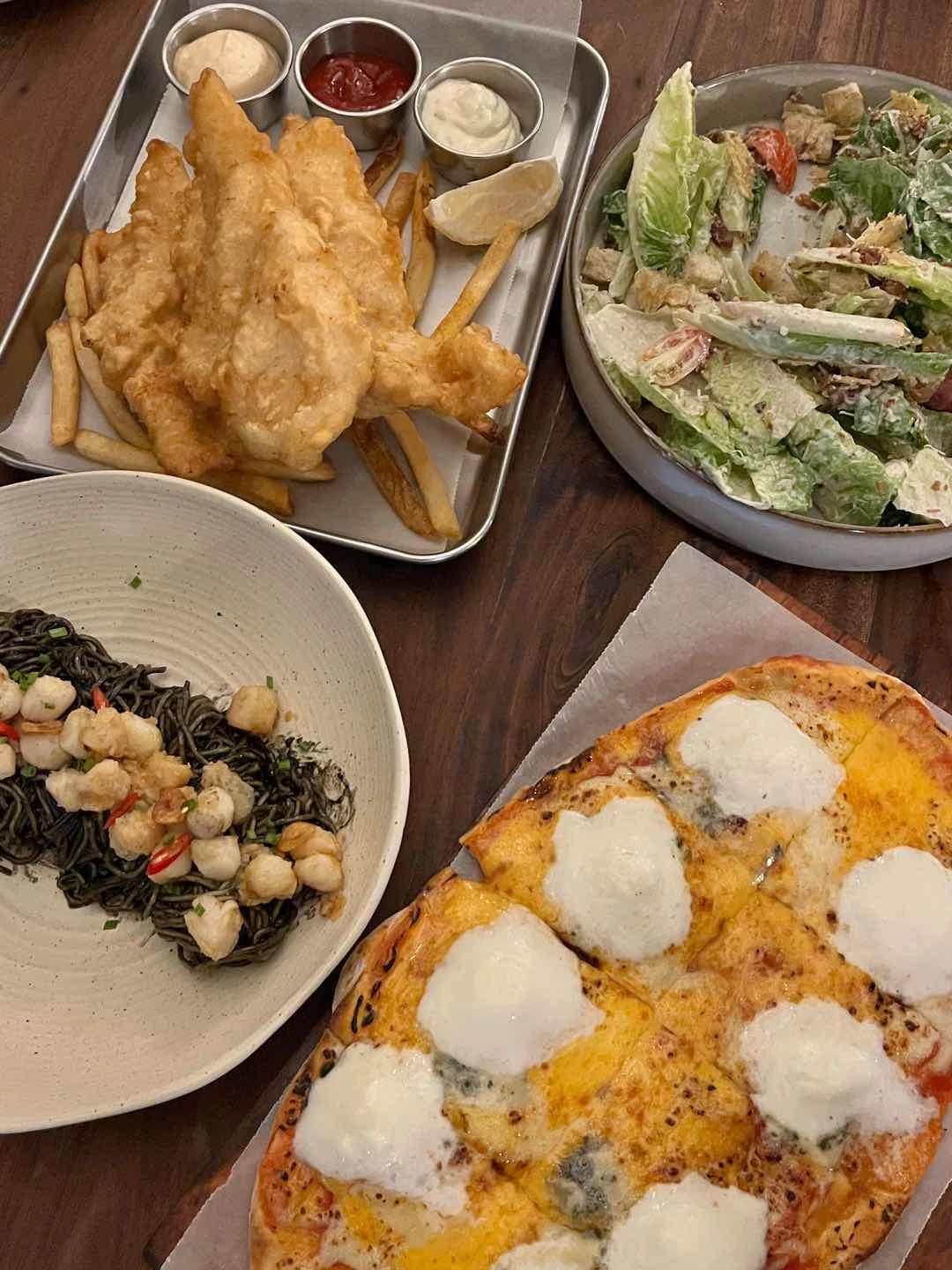 fish and chips, caesar salad, scallop pasta, death by cheese (HAD to order one more pls GOOD AF)