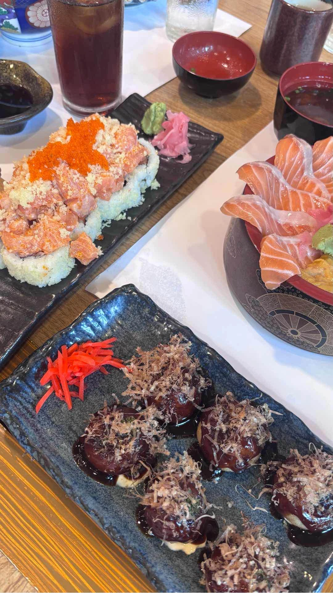 spicy salmon sushi, takoyaki