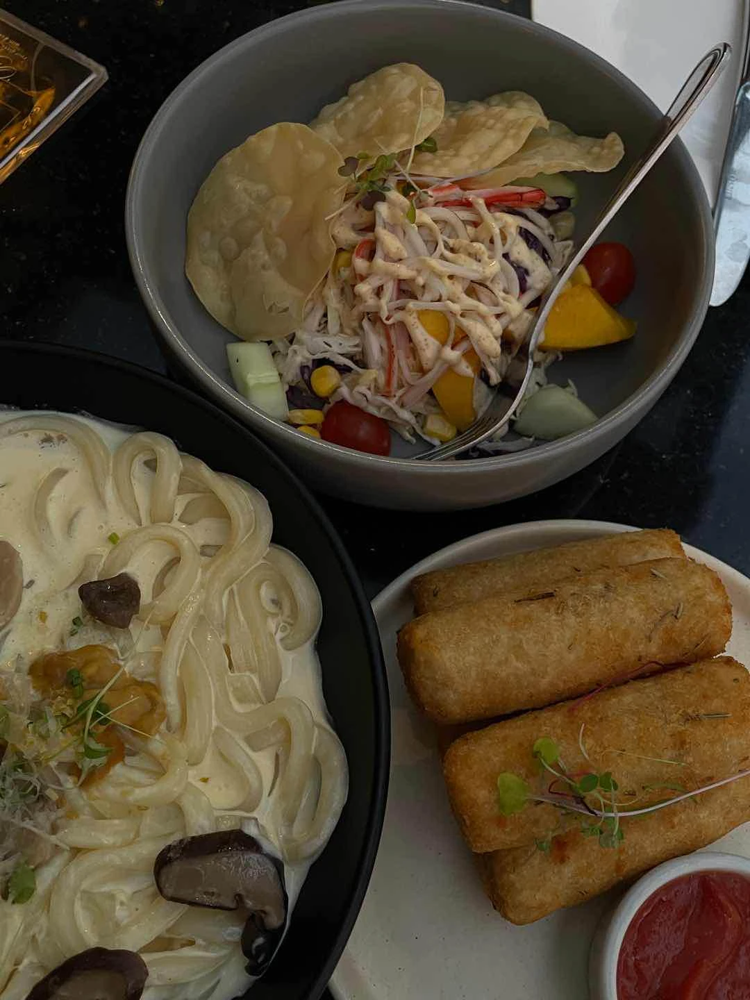 kani salad, udon carbonara, mozzarella sticks  of The Penthouse 8747