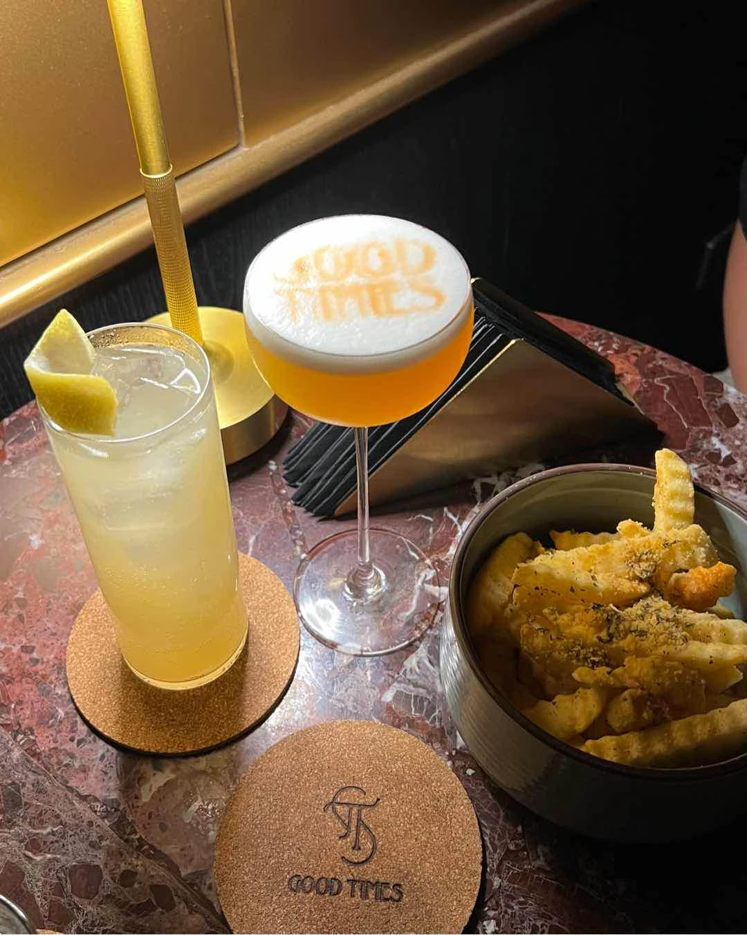Yuzu Highball, Amaretto Sour, and Nori Fries