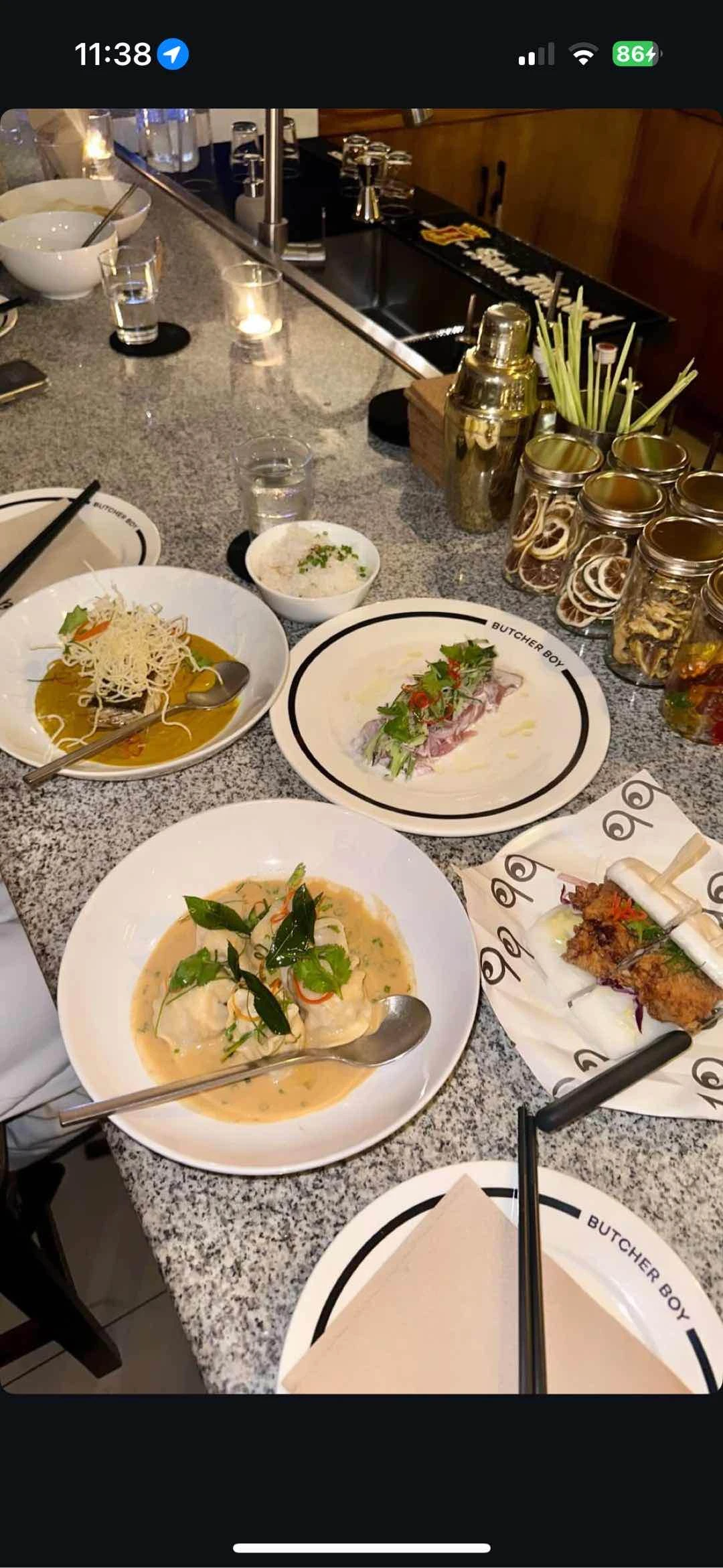 Laksa Dumplings, Fried Chicken Bao, Tuna Ceviche, Seabass Yellow Curry