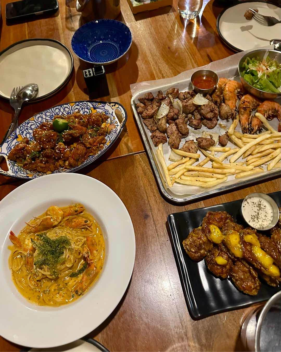 Mango wings, kong paw chicken, korean bbq platter, chili rosé prawn pasta