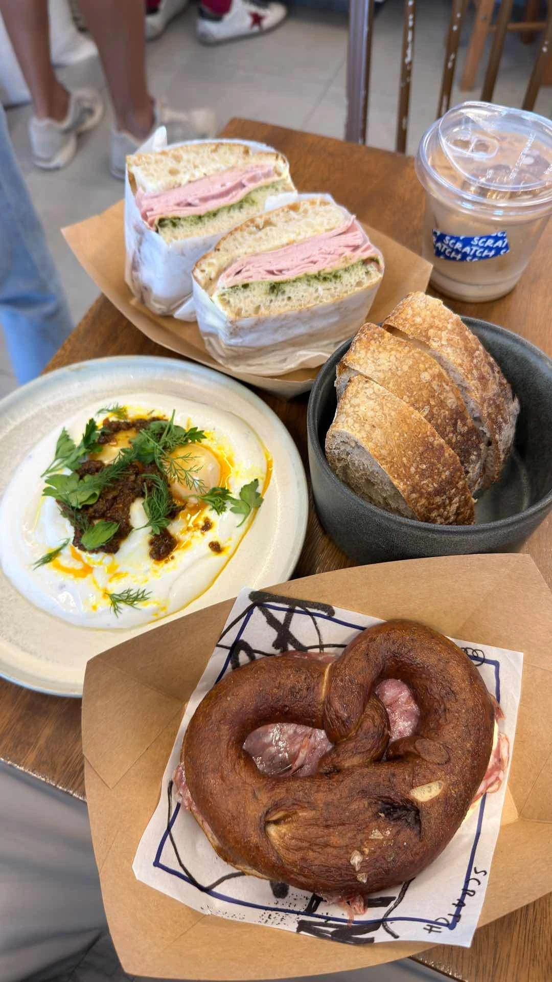 Turkish Eggs, Mortadella, Goat Cheese Pretzel