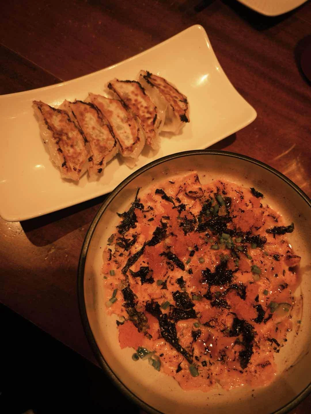— deep-fried gyoza & salmondon