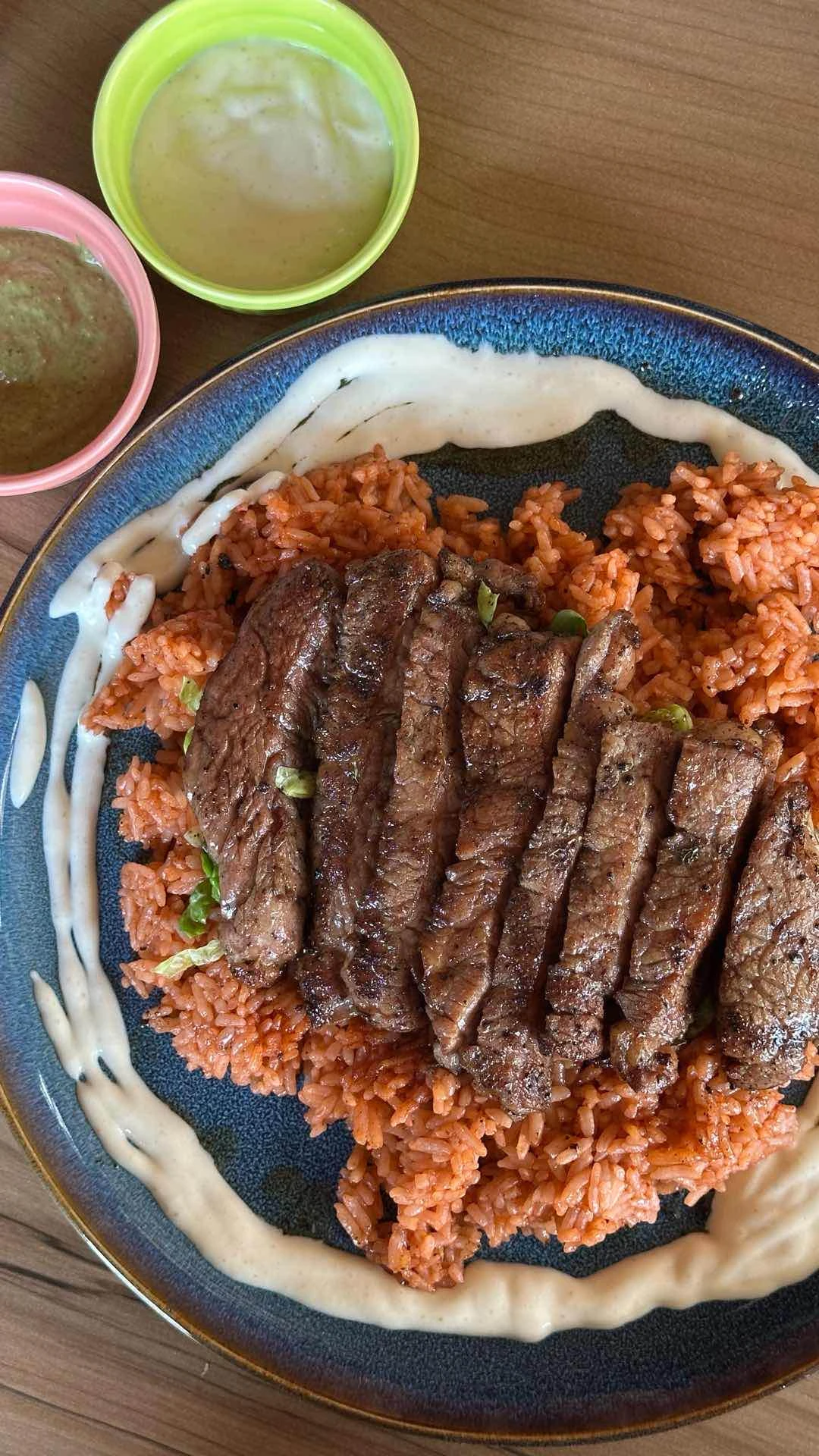 Top view ribeye steak w dirty rice