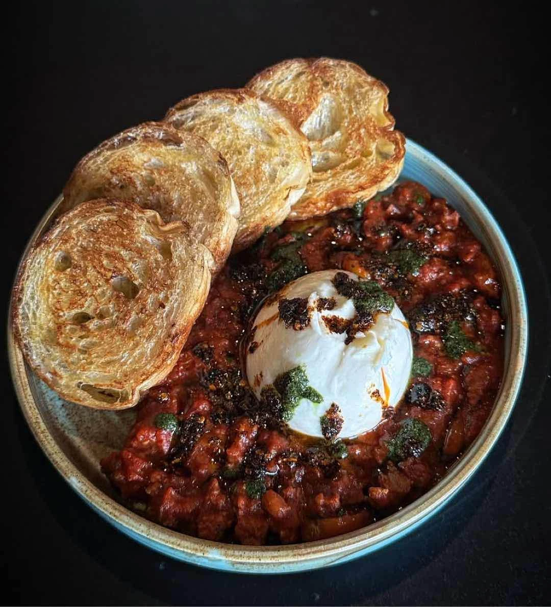 CHORIZO BURRATA POMODORO | Chorizo, Tomatoes, Pesto, Red Chimichurri of Gaea