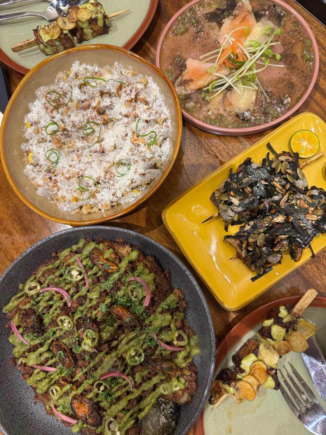 tortang tahong, chicken skewers, ricex mushroom skewers, salmon