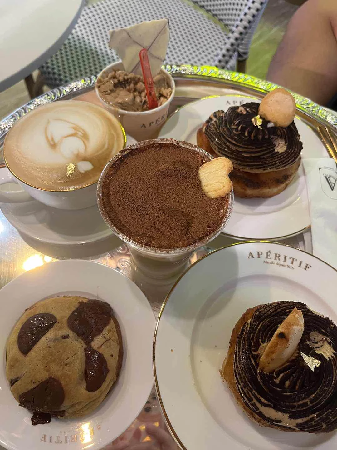 Coffee, tiramisu donut, chocolate chip cookie, gelato
