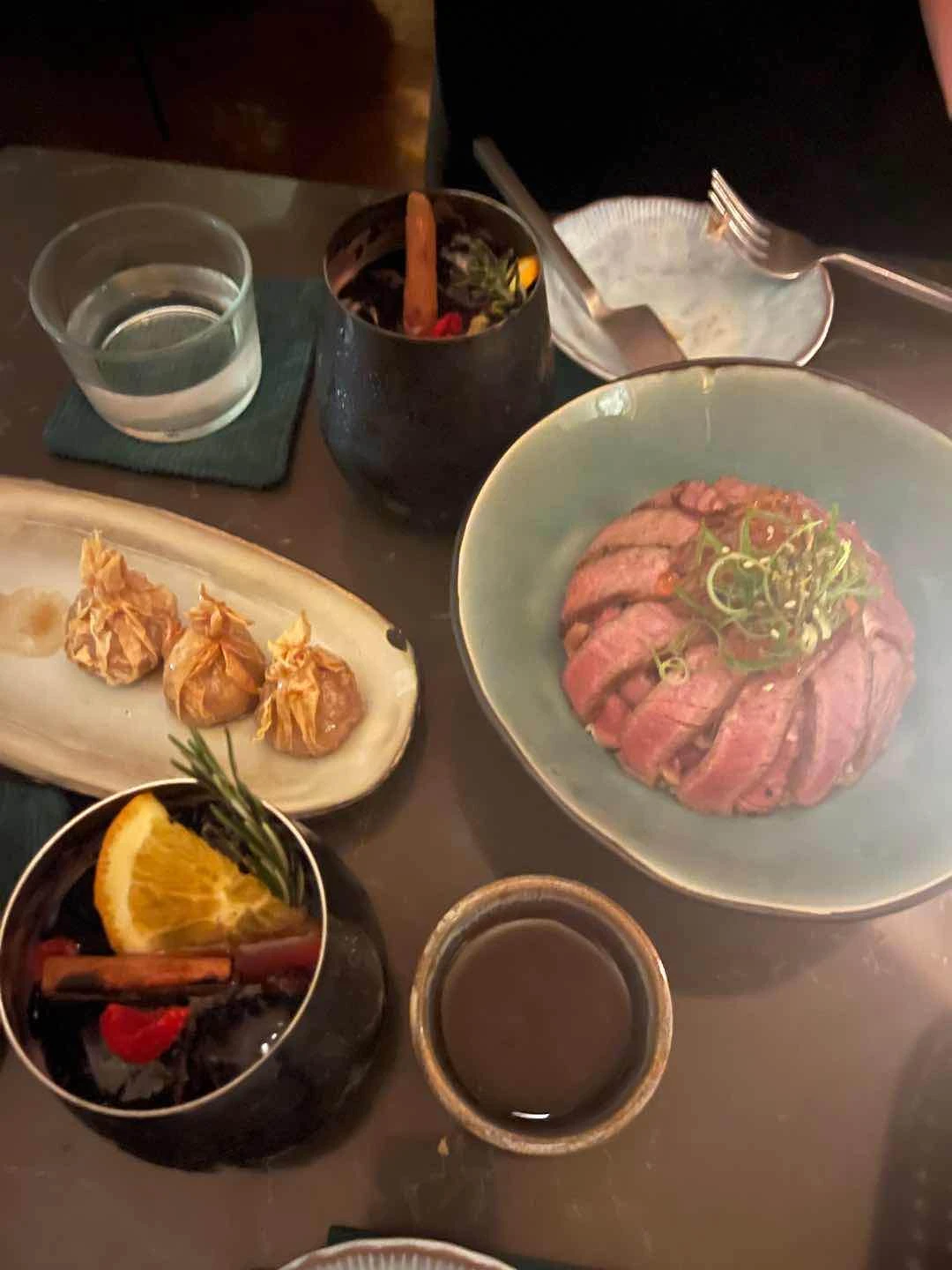 money bags, ikura steak, sangria