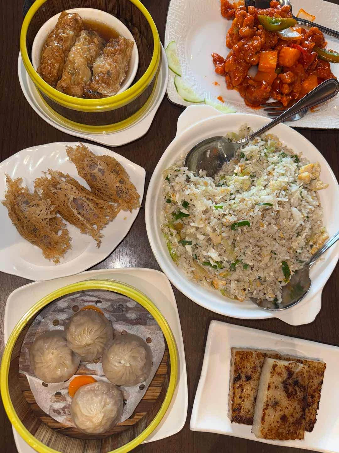 salted fish fried rice, sweet and sour pork, xiao long bao, taro puff, radish cake, beancurd roll