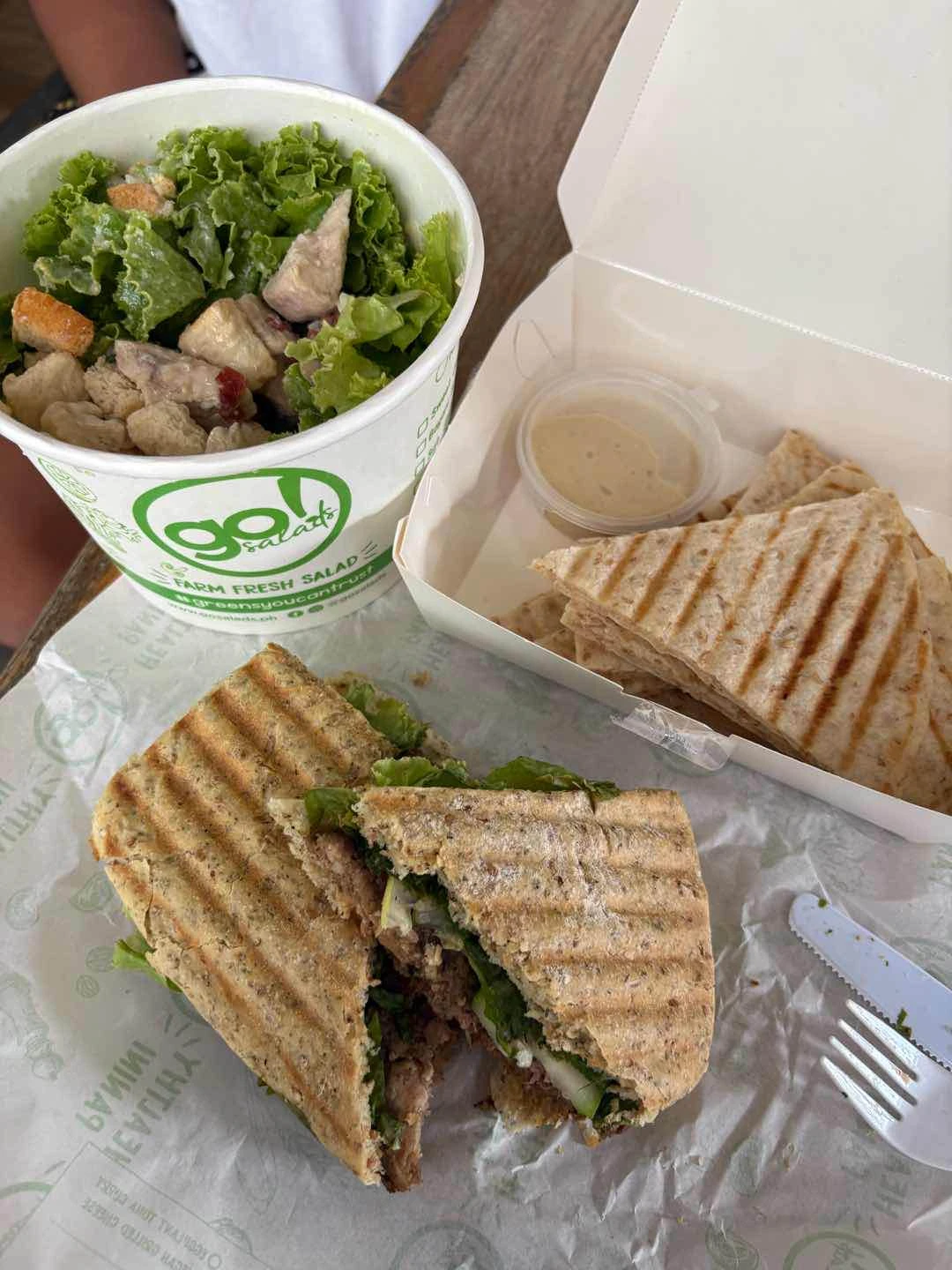 chicken caesar salad, chicken kebab panini and hummus + pita