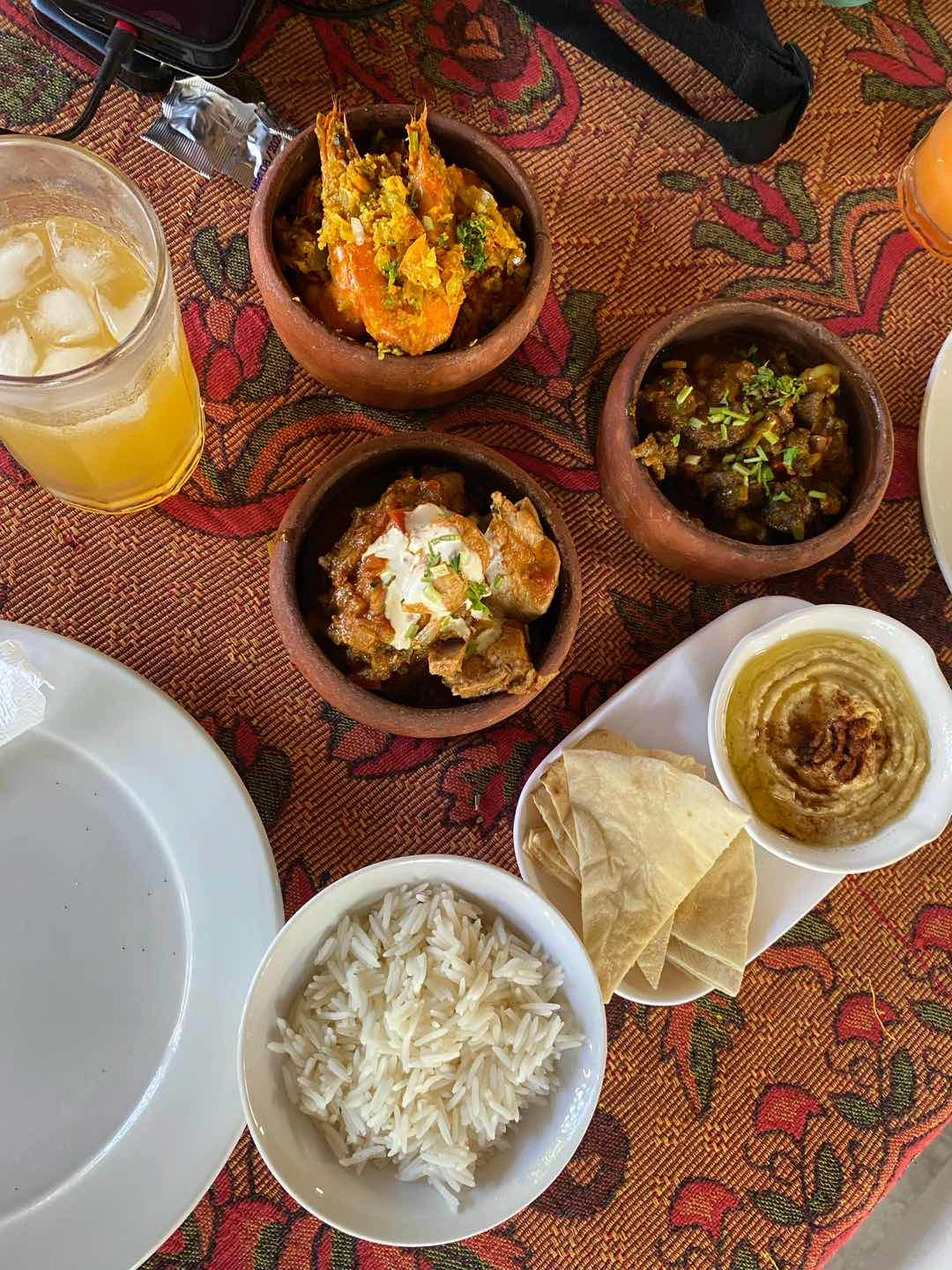 prawn curry, butter chicken, beef masala, hummus with pita, detox shake