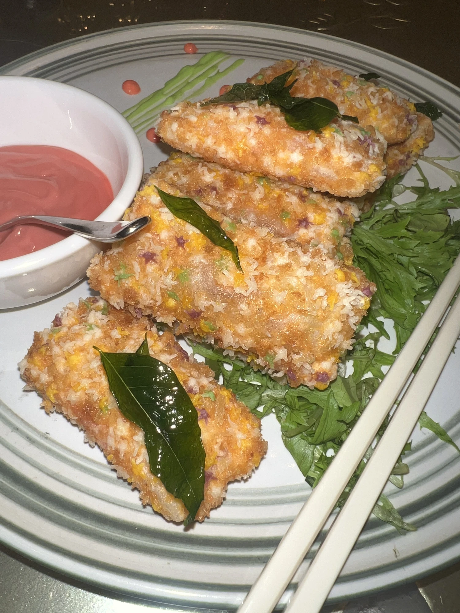 Crispy Cod Fish and Mango Roll with Raspberry Mayonnaise Sauce