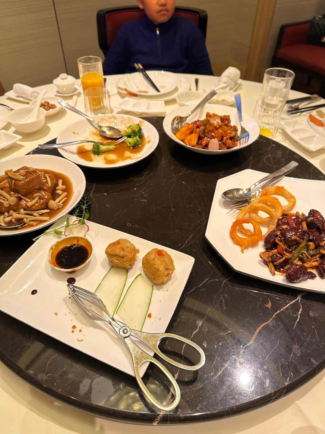 Prawn roll, sweet corn tofu, broccoli cooked in oyster sauce, beef cubes