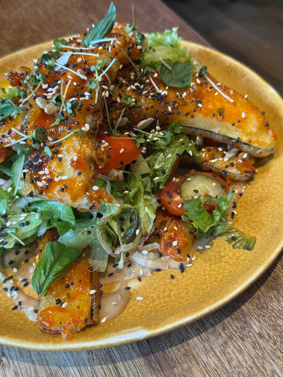 Miso honey glazed eggplant salad