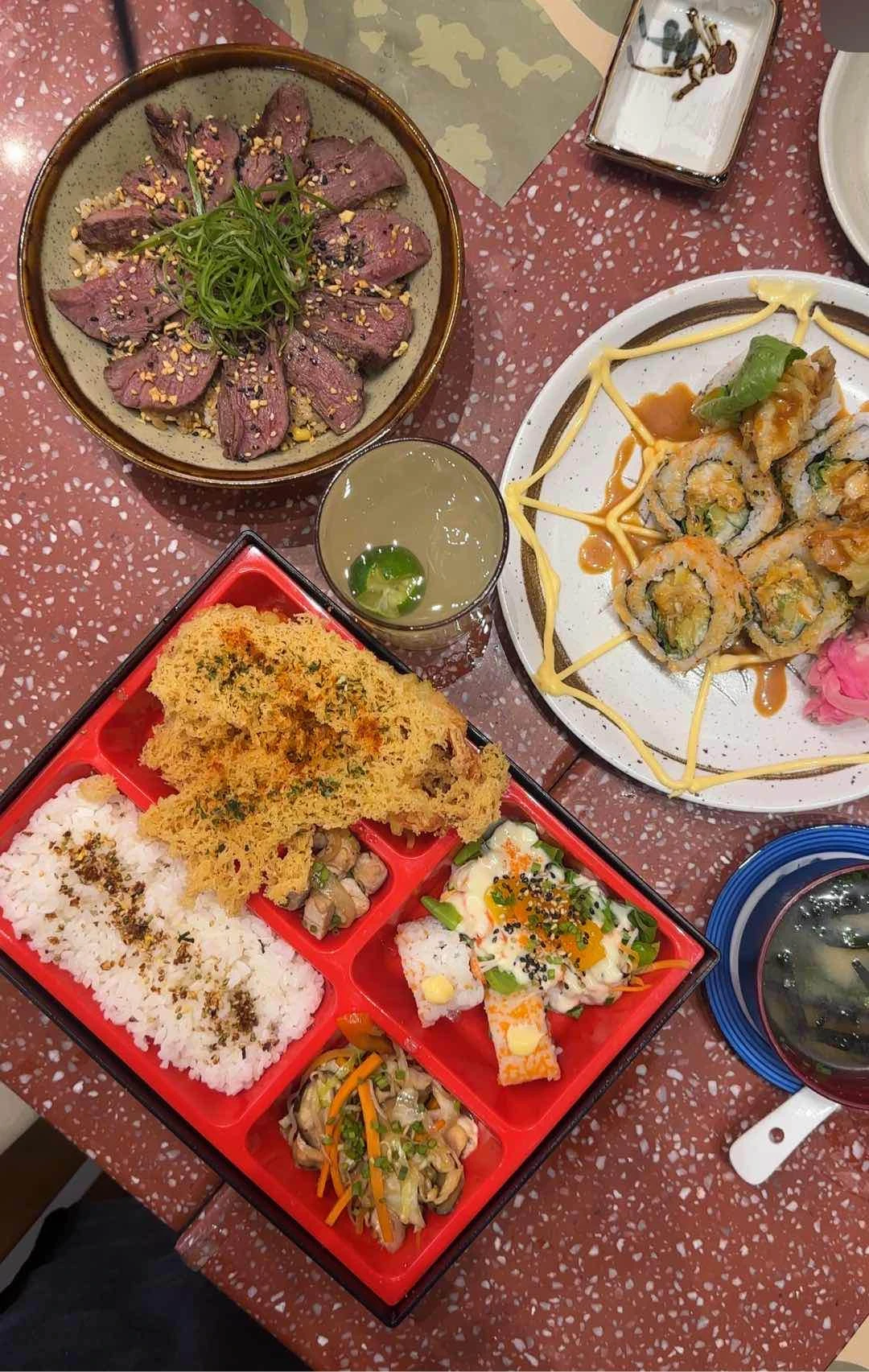 bento, steak donburi, spider roll