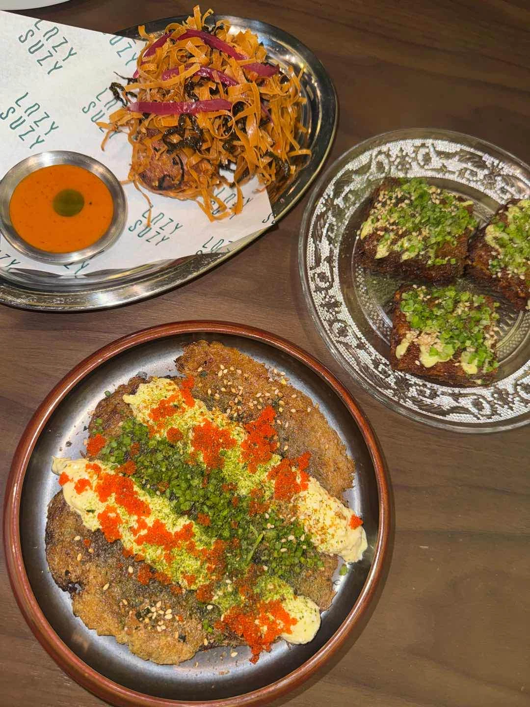 prawn toast, floss dumplings, potato tamago