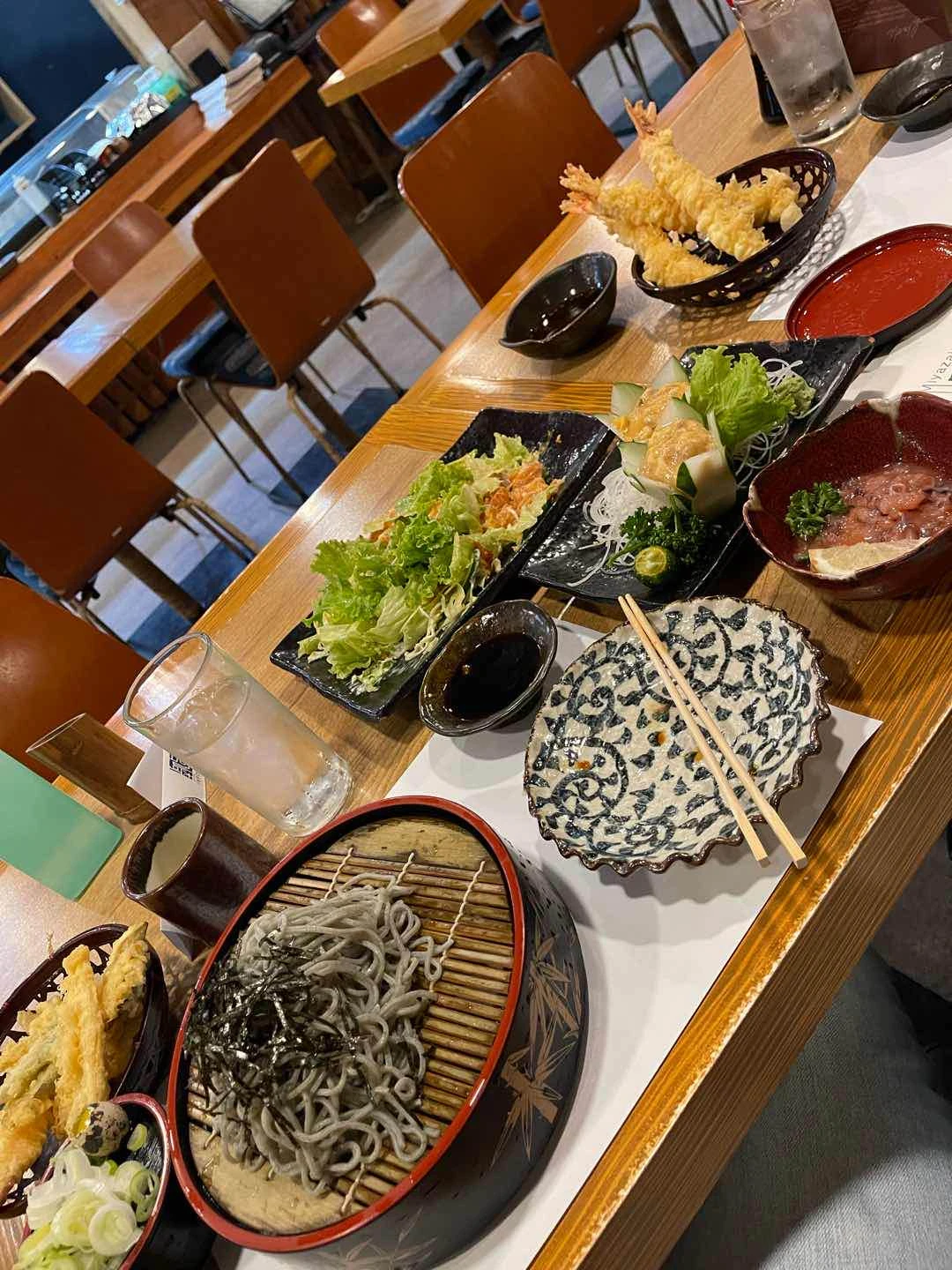ebi tempura, uni sashimi, tako, tenzaru soba