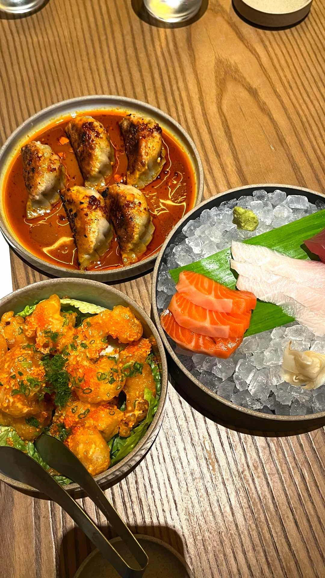 oishi cheese gyoza, popcorn tempura, sashimi platter