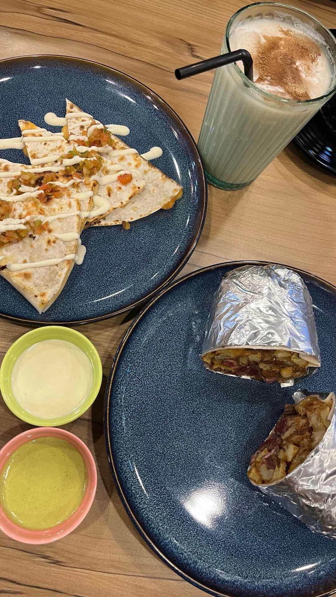 steak & fries wrap, cheezy quesadilla, horchata