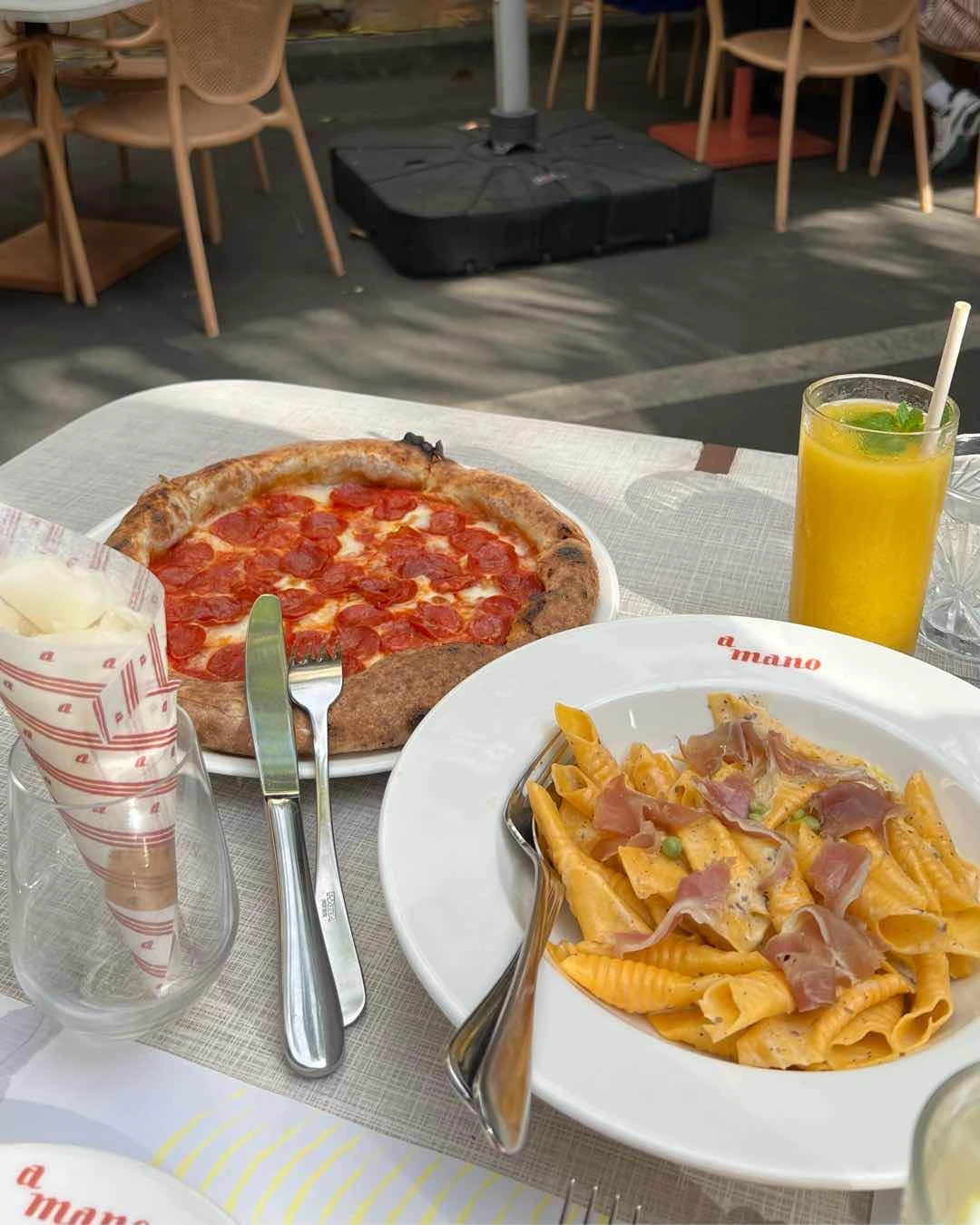 Salame Piccante, Garganelli Bianco with Raspadura Cheese, and Mango Juice