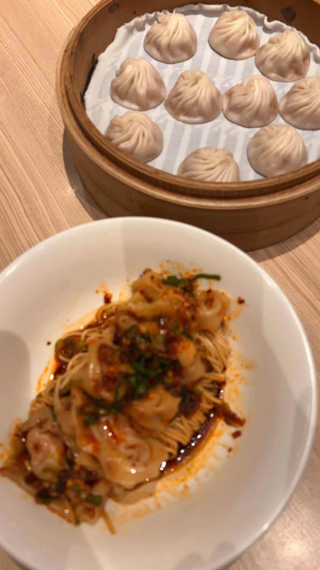 Pork xlb and spicy dry noodz with shrimp and pork dumplings! All time fav combo