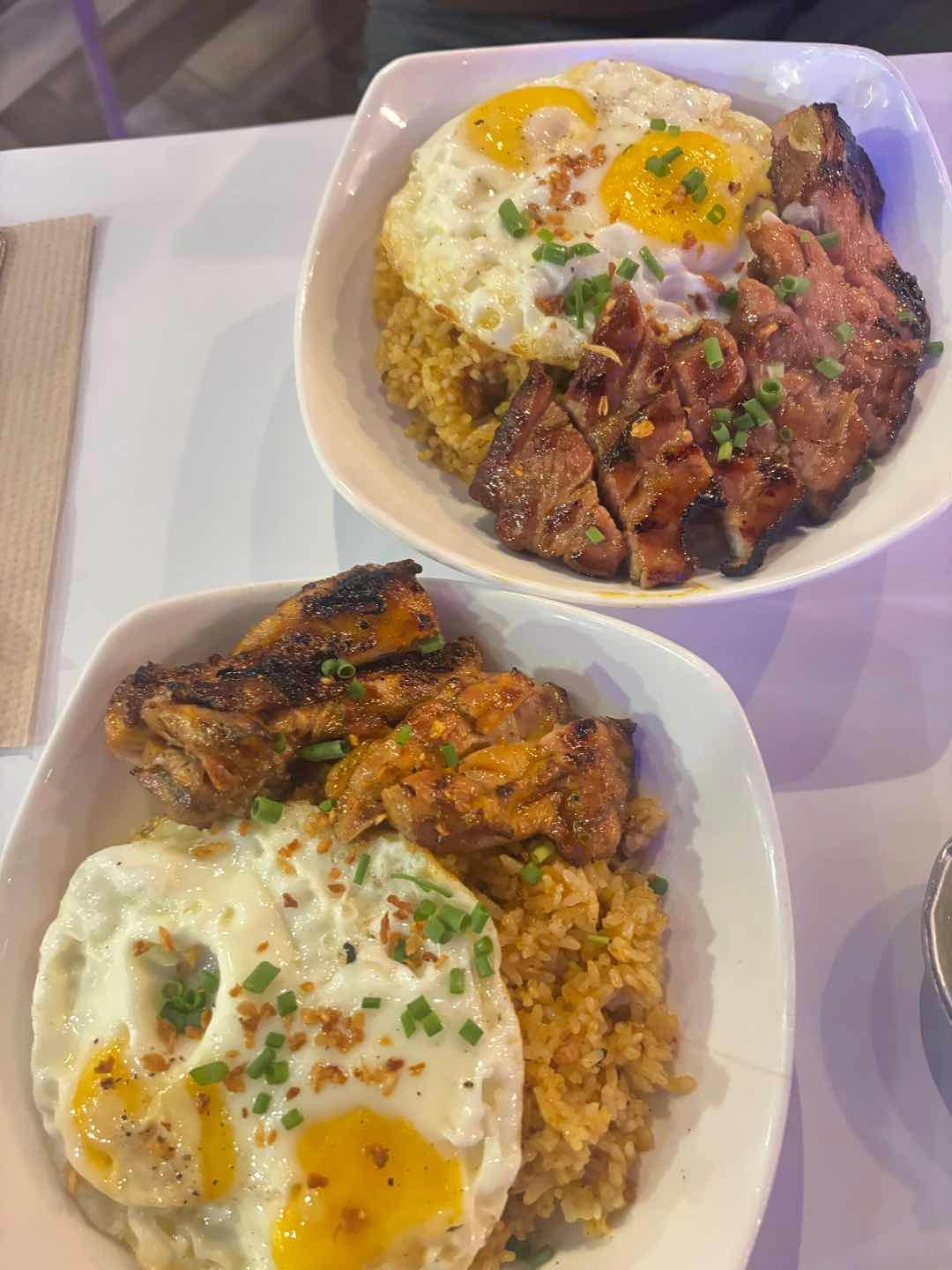 grilled pork & chicken with chorizo fried rice, already comes with 2 fried eggs