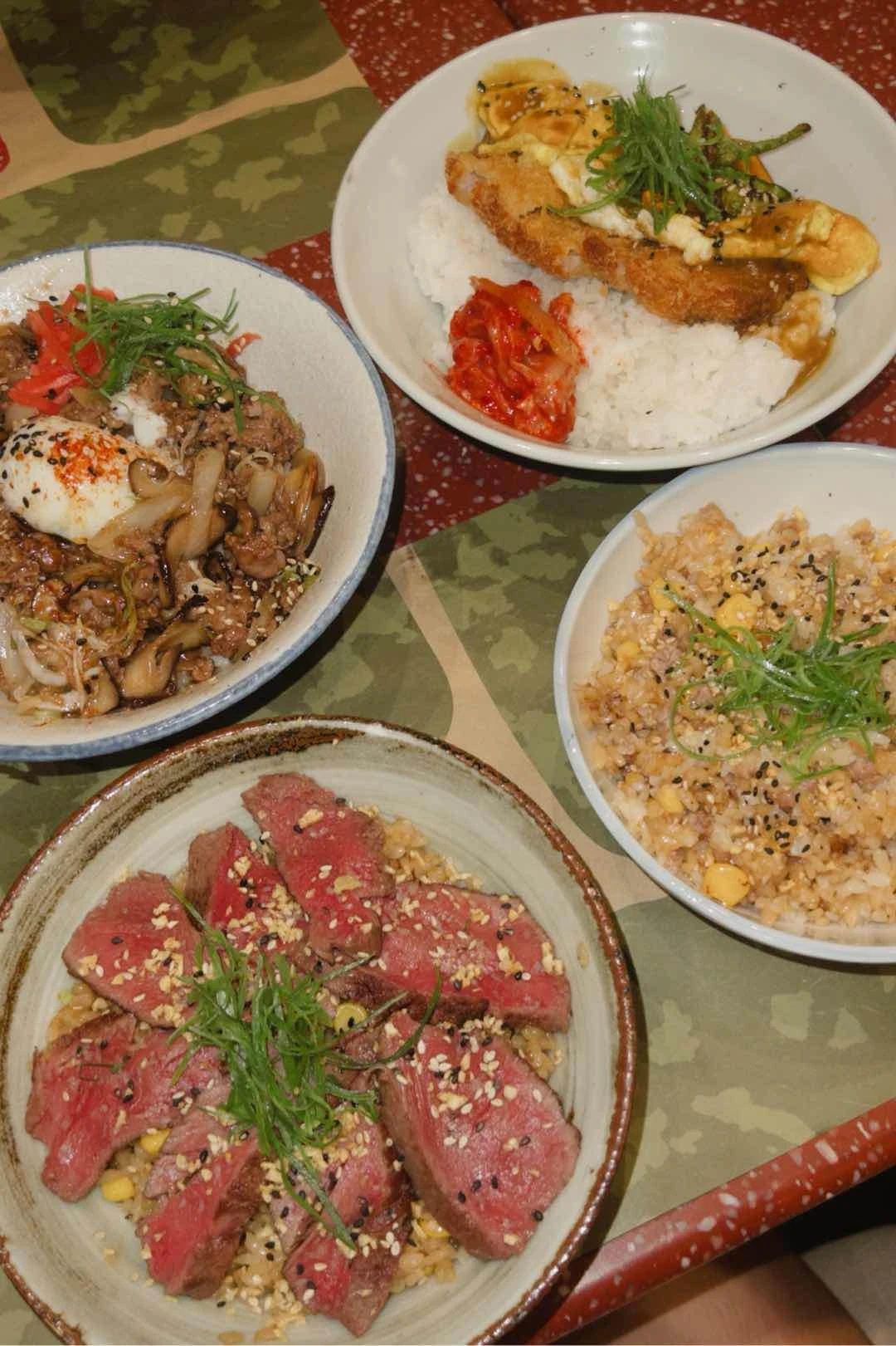 garlic steak donburi, gyudon, tonkatsu currydon, and extra steak fried rice