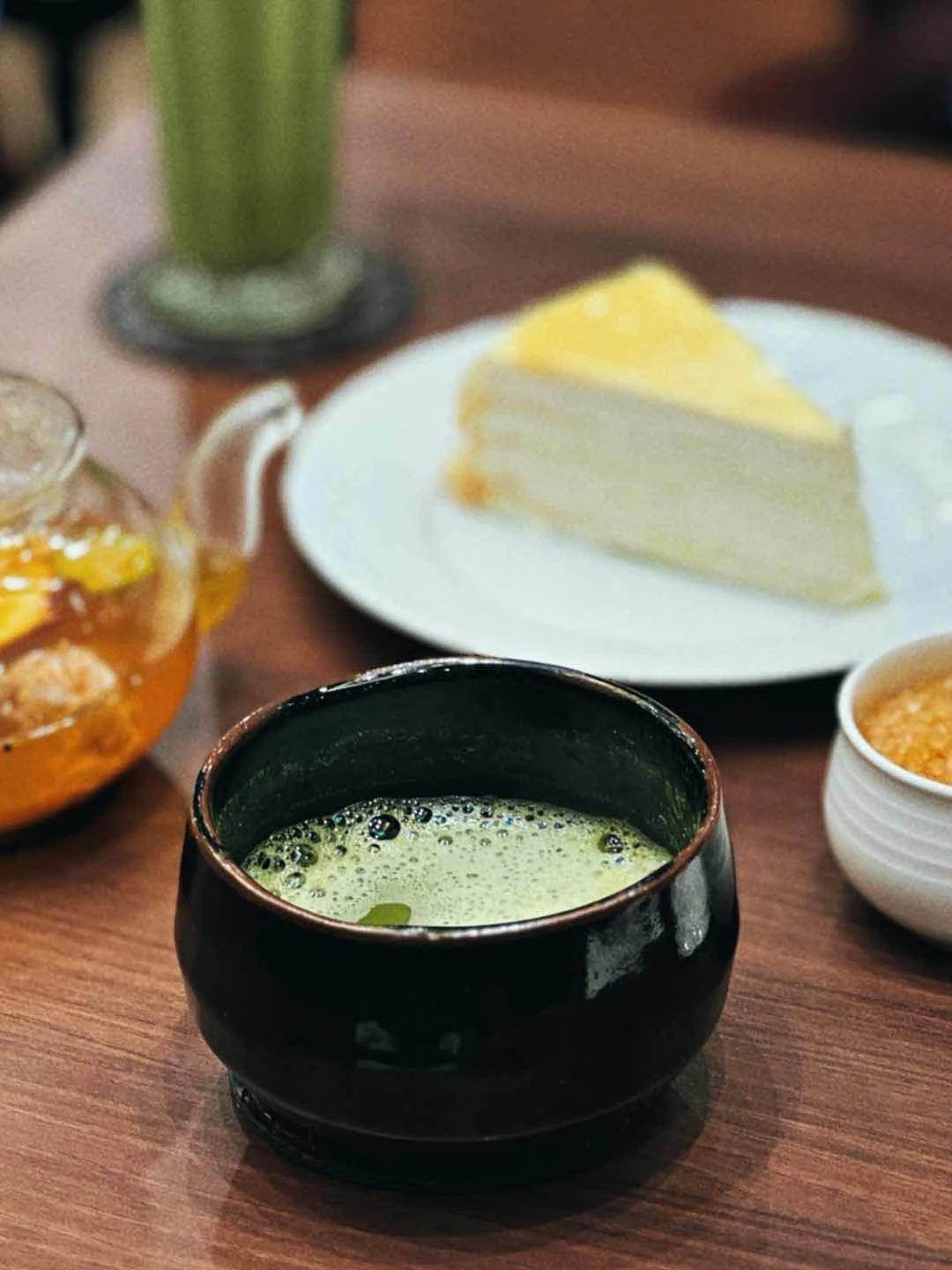 Matcha, crepe cake and hot fruit tea