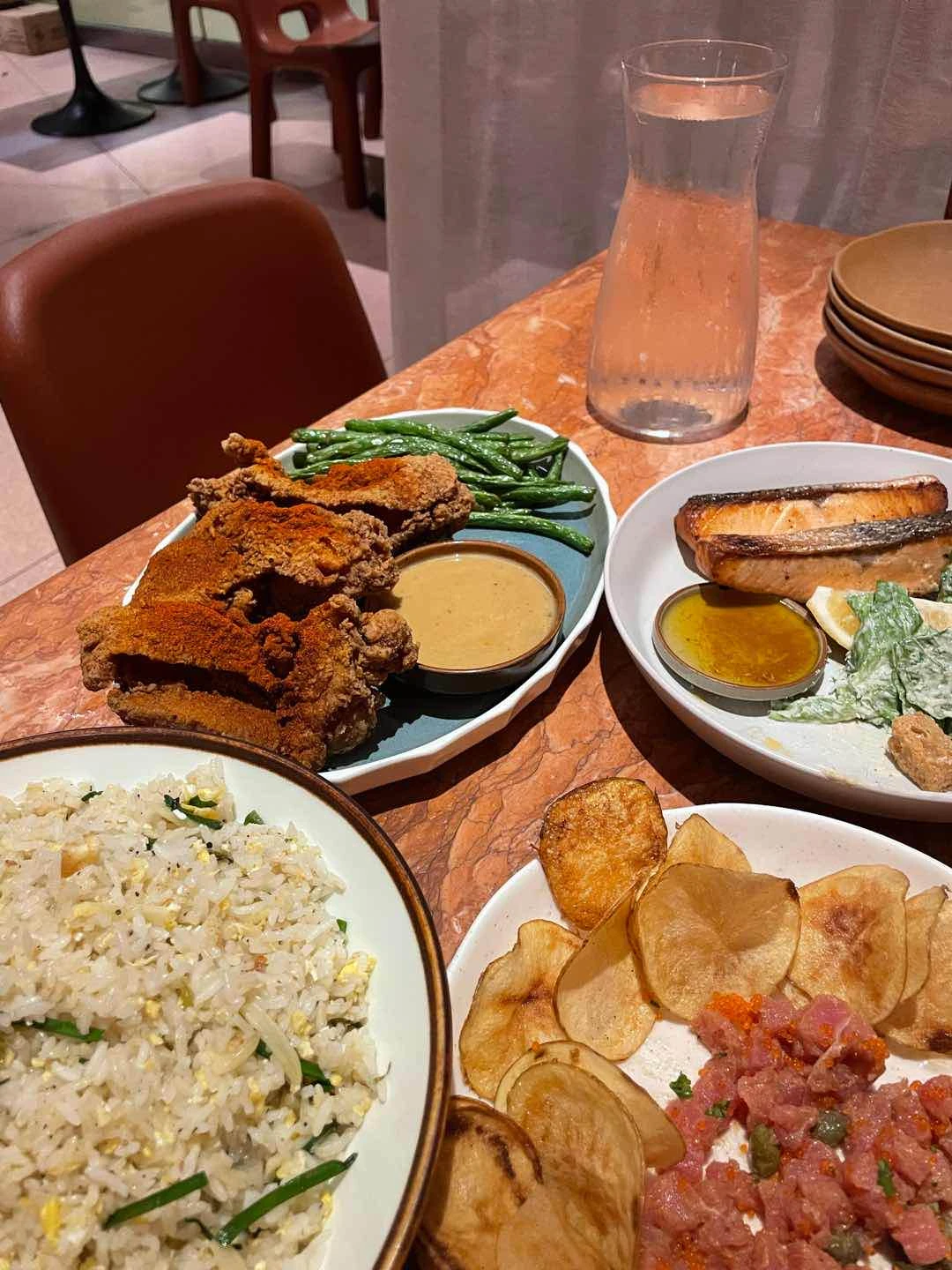 Garlic Rice, Fried Chicken, Lemon Butter Salmon, Tuna Tartare of Thank You Seafood